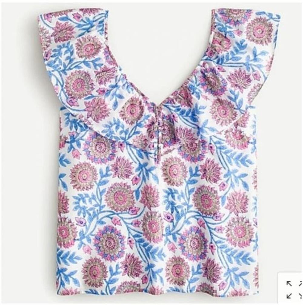 J. Crew Ruffle V Neck Blouse Top in Floral Vine Block Print Fluttery S